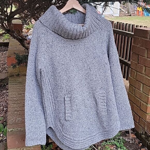 Cynthia Rowley Chunky Thick Cowl Neck Wool Blend Sweater Kangaroo Pocket Sz L - Picture 2 of 12